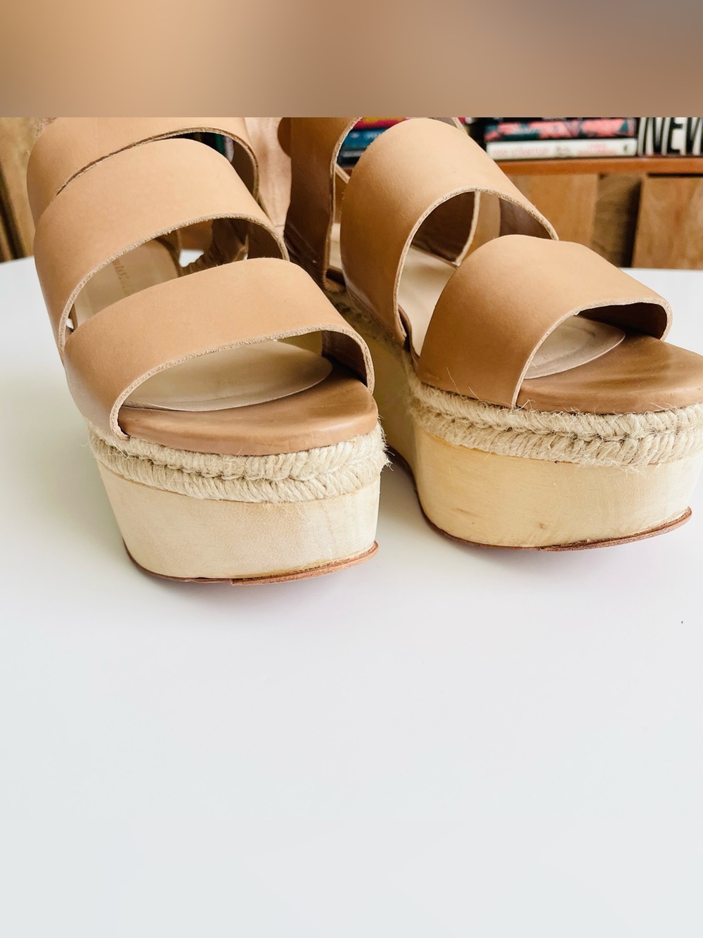 Loeffler Randall SIZE 9.5 Sasha leather strappy wedge platform sandals in beige - Picture 4 of 11